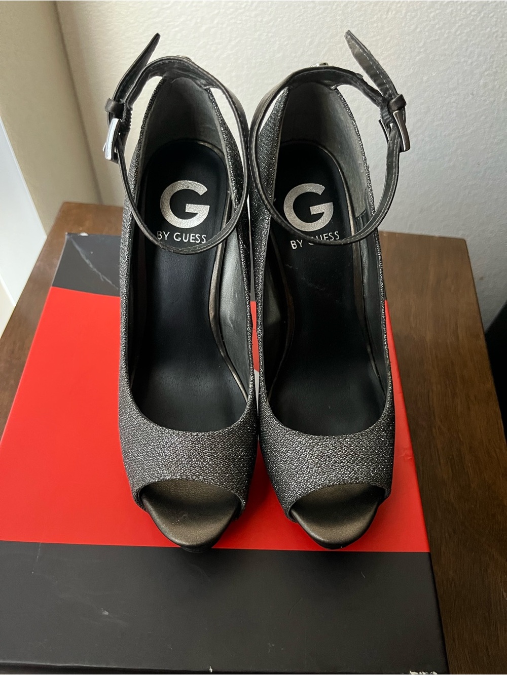G by Guess Black Glitter Peep-Toe Ankle Strap Heels